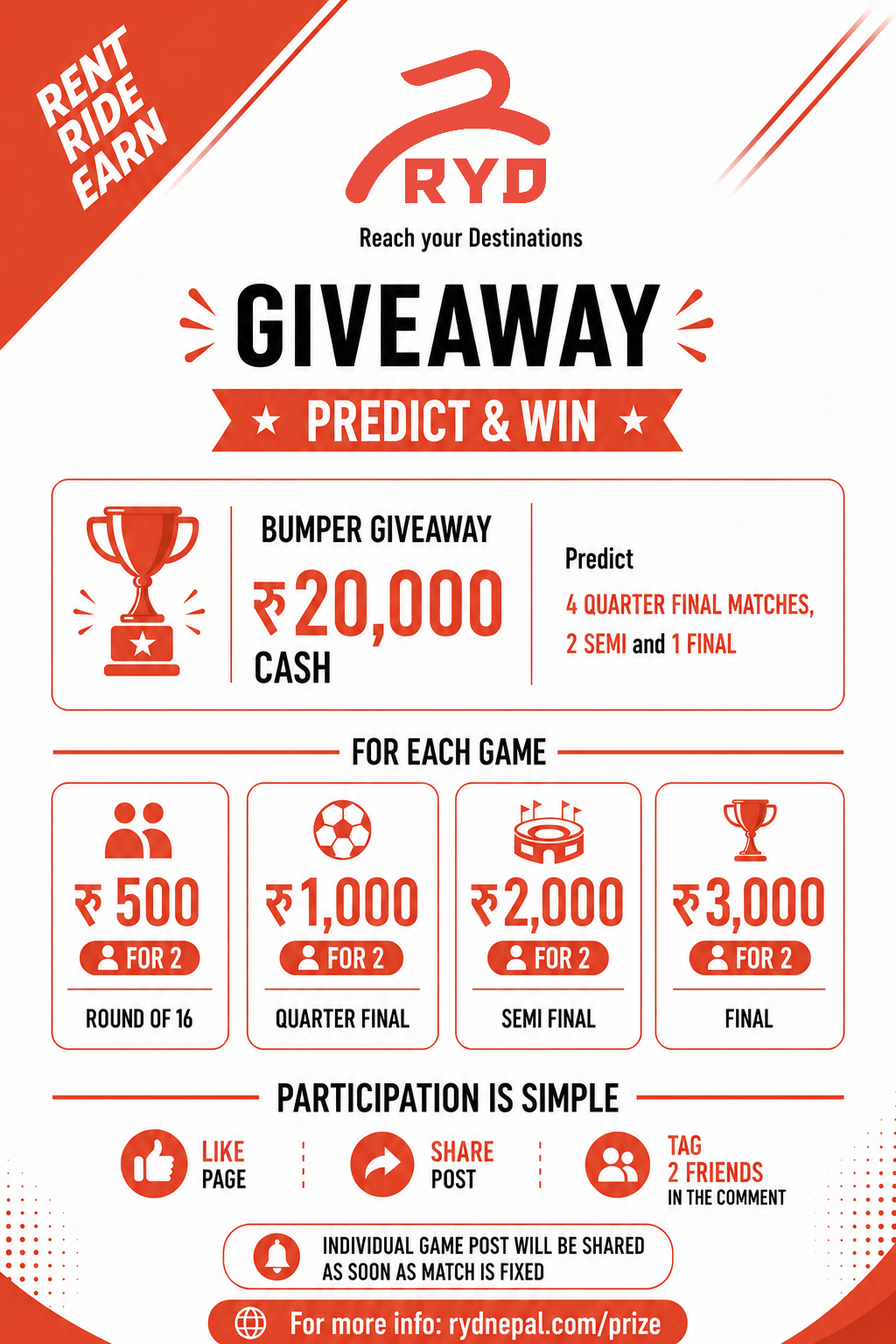 RYD Nepal Predict & Win FIFA World Cup 2026 giveaway poster — Rs. 20,000 bumper cash prize